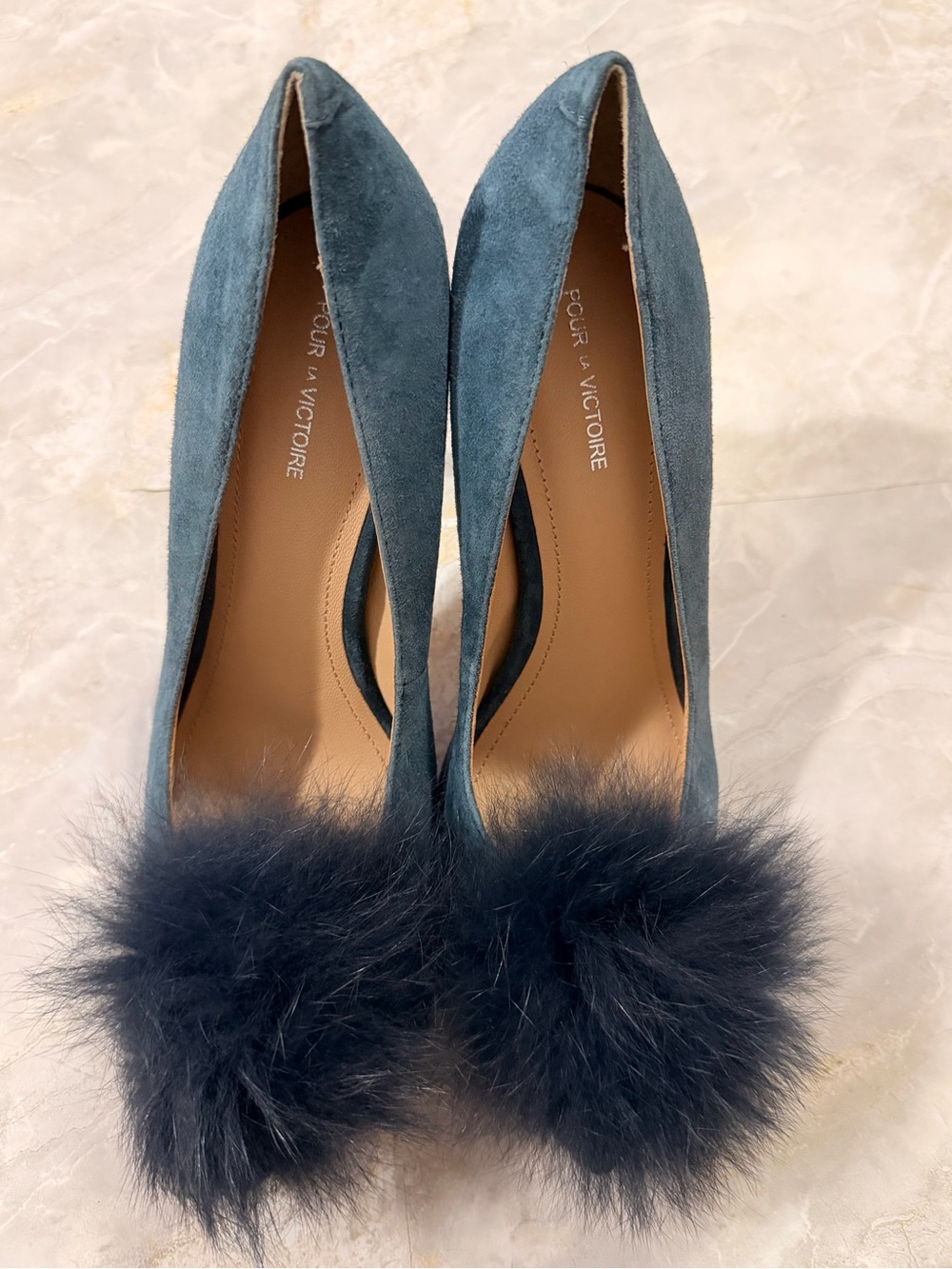 Pour La Victoire Teal Suede Pumps with Navy Pom-Pom Accent